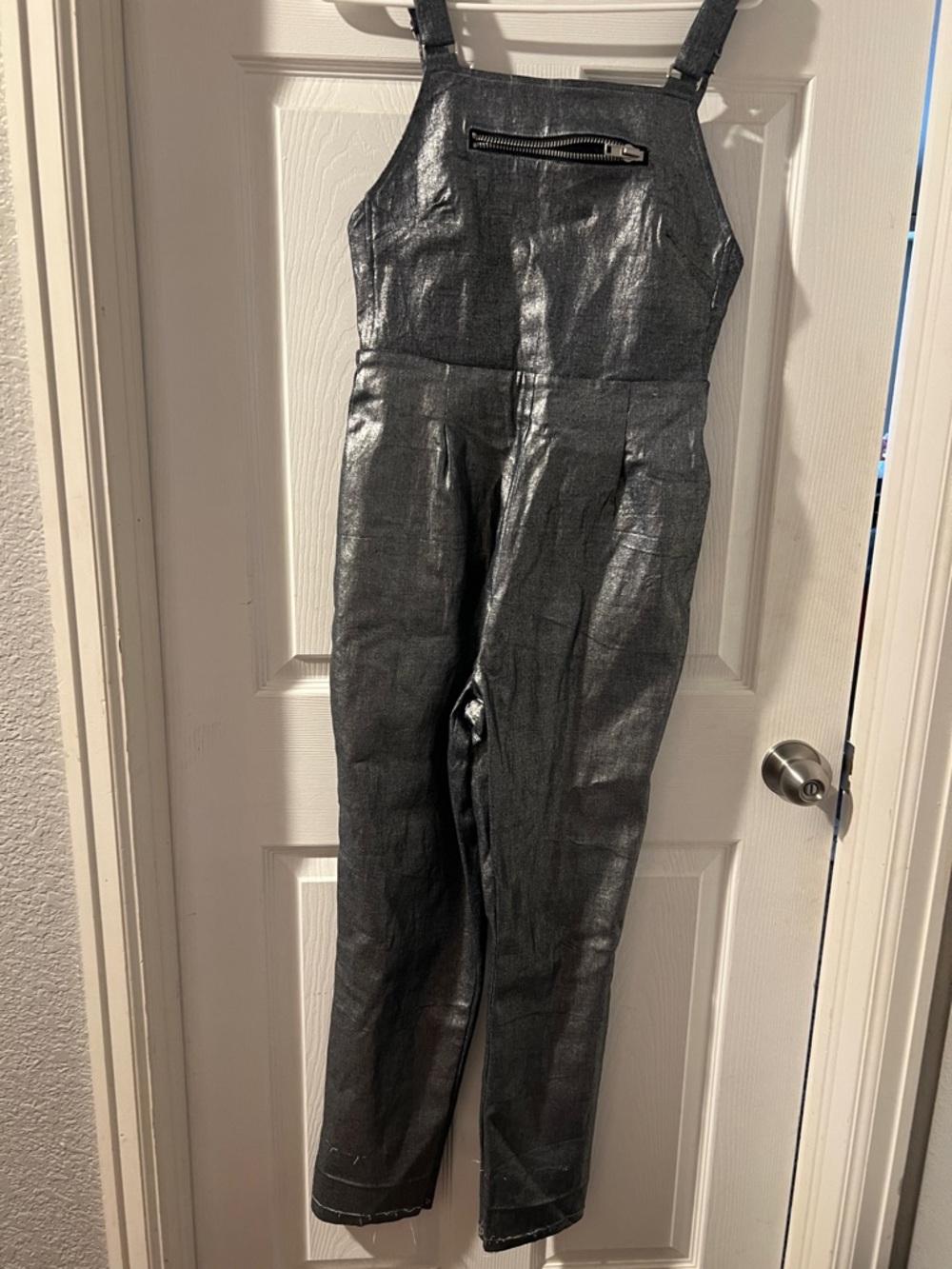 nANA judy Metallic Silver Faux Leather Overalls with Zip Pocket
